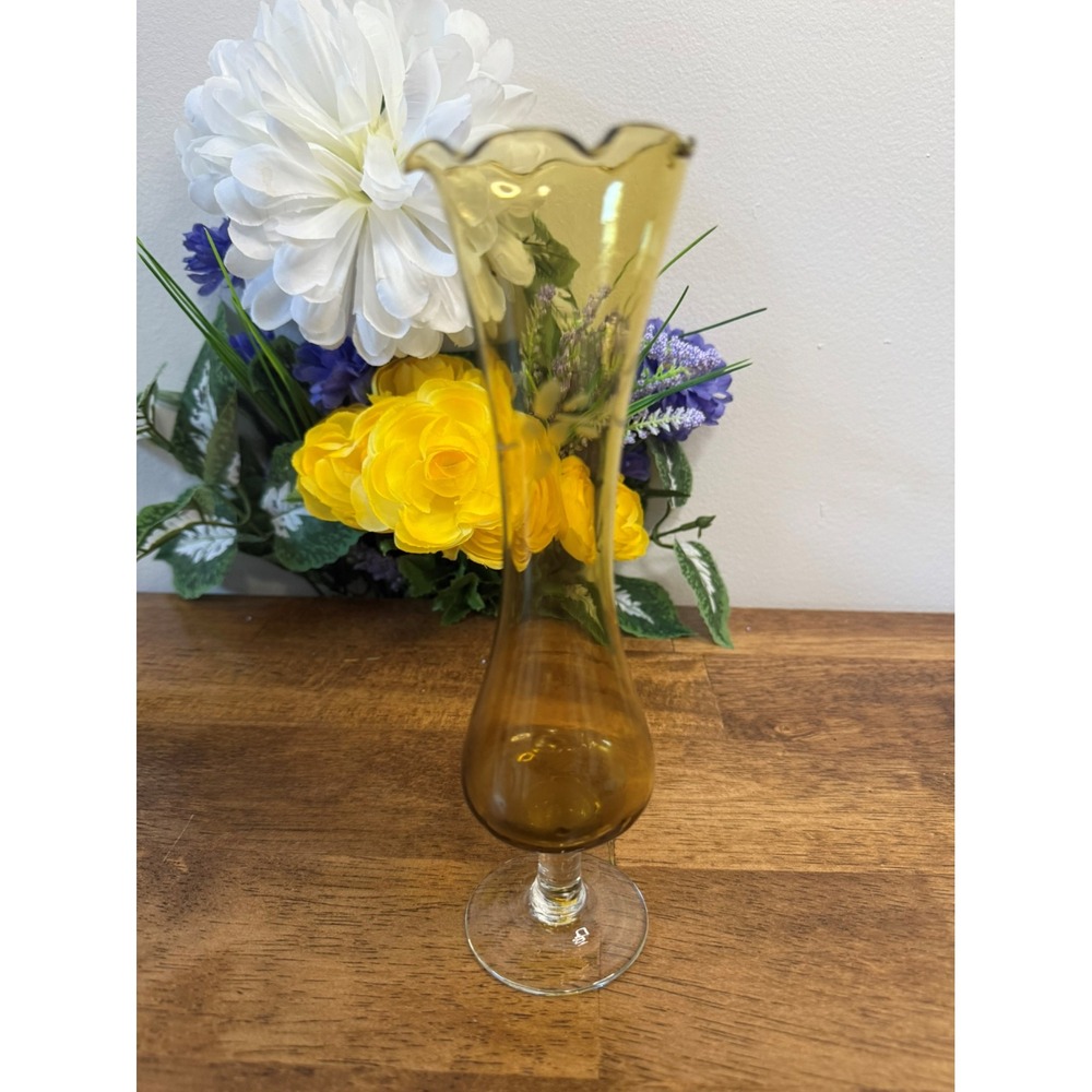 Vintage Yellow Glass Trumpet‎ Vase Clear Base Pedestal Design Retro Floral Decor